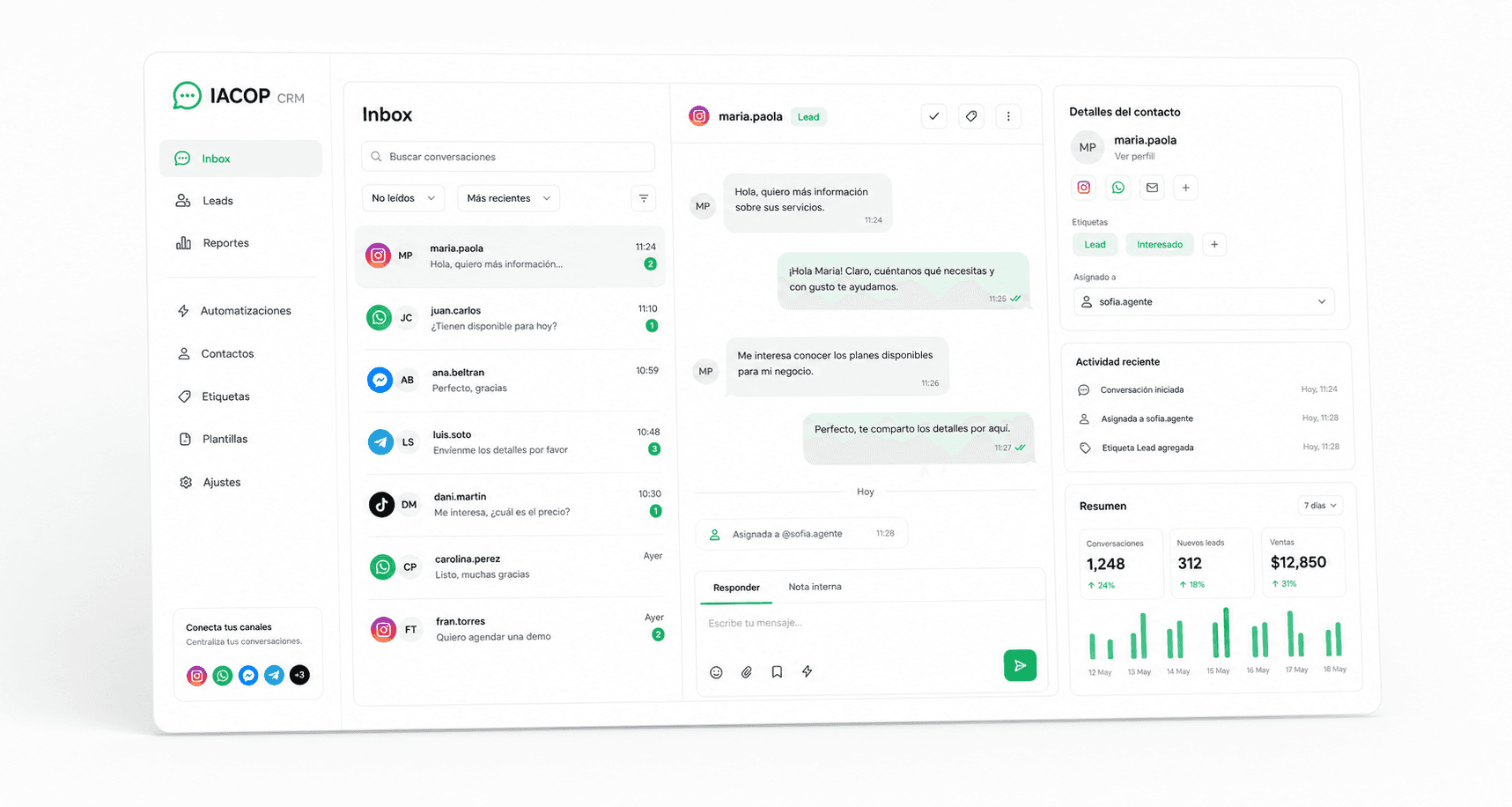 Vista del dashboard IACOP CRM con inbox, conversaciones y reportes